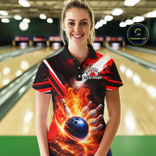 Load image into Gallery viewer, Custom Black and Red Flame Bowling Jersey Bowling Polo, 1/4 Zip Shirts for Women, Team bowling outfit NQS11595