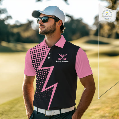 Black and Pink dots pattern Lightning Golf polo shirts for Men custom golf top for men NQS10853