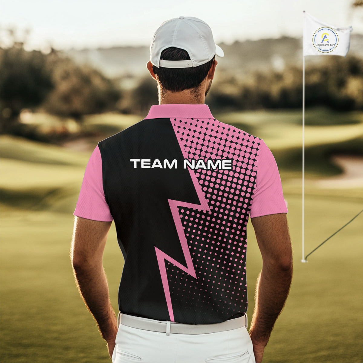Black and Pink dots pattern Lightning Golf polo shirts for Men custom golf top for men NQS10853