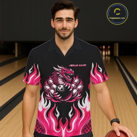 Black and Pink Flame Dragon Bowling Button-up Shirt Custom Dragon Bowling Team Jerseys NQS11733
