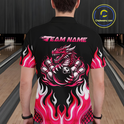 Black and Pink Flame Dragon Bowling Polo, 1/4 Zip Shirts For Men Custom Dragon Bowling Team Jerseys NQS11733