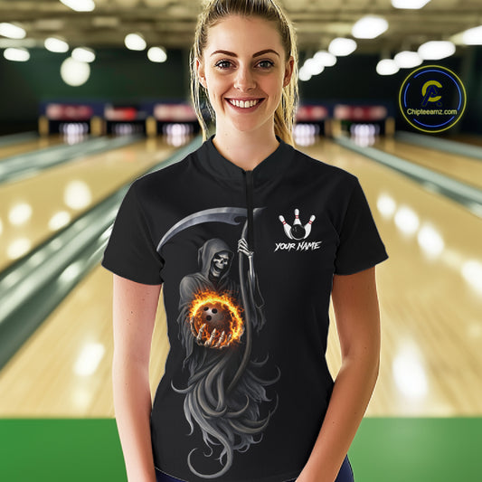 Flame Skull Reaper Bowling Polo, Quarter Zip Shirts For Women Custom Bowling Team Jerseys | Black NQS11745