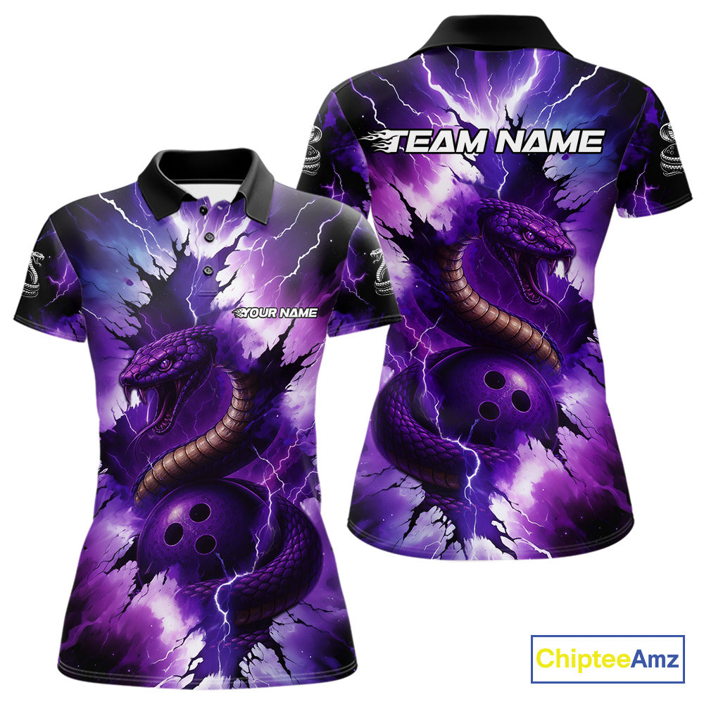 Custom Black And Purple Thunder Lightning Cobra Snake Bowling Women Polo, Quarter Zip Shirts For Team NQS10670