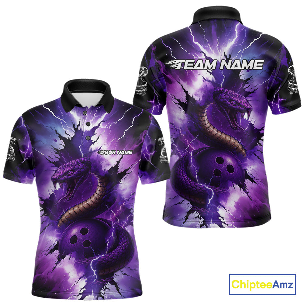 Custom Black And Purple Thunder Lightning Cobra Snake Bowling Men Polo, Quarter Zip Shirts For Team NQS10670