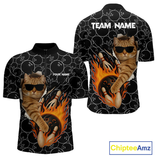 Custom Funny Cat Bowling shirts for men, black camo flame cool bowling uniform for team bowlers NQS11074