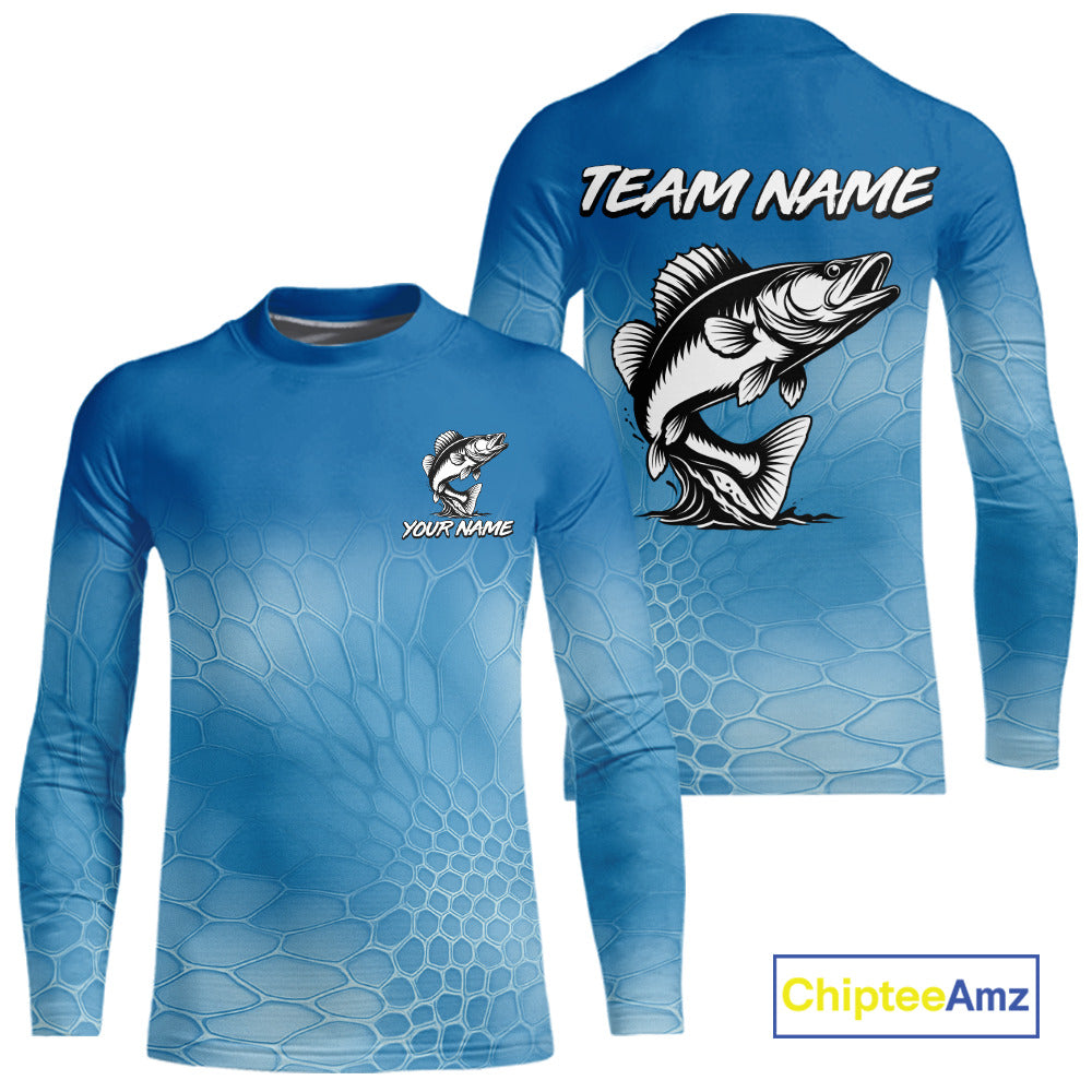 Blue Camo Walleye fishing sun shirts custom name Walleye fishing jerseys for men, women NQS11271