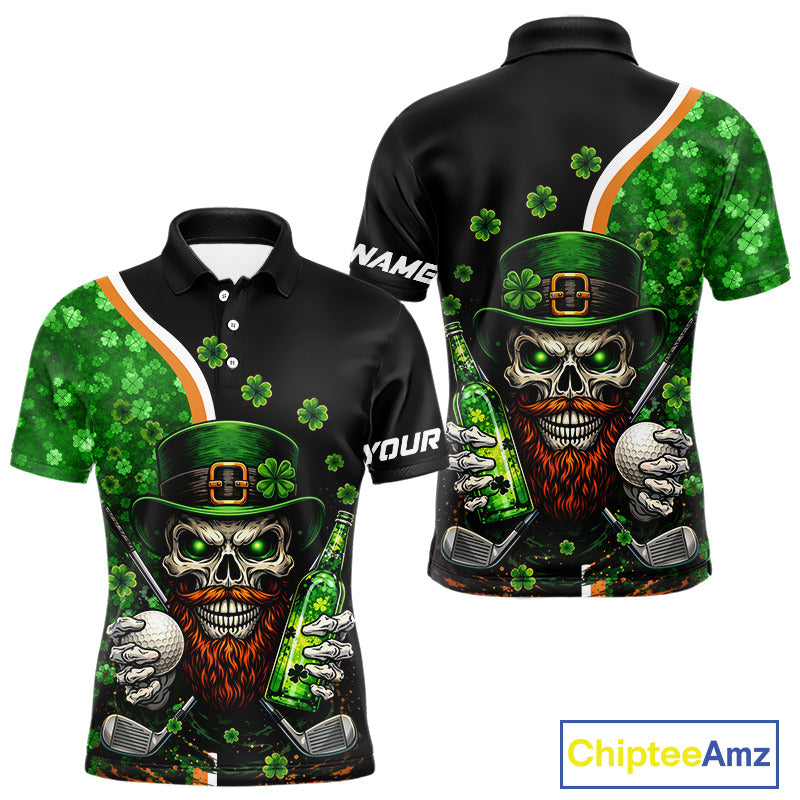 Green shamrock pattern St Patrick Skull Golf and Beer Polo shirts for Men Custom mens golf tops NQS11483