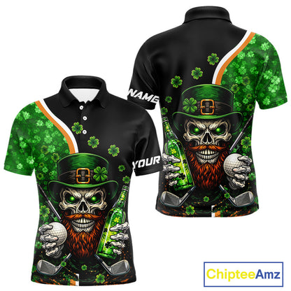 Green shamrock pattern St Patrick Skull Golf and Beer Polo shirts for Men Custom mens golf tops NQS11483