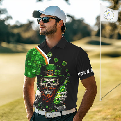 Green shamrock pattern St Patrick Skull Golf and Beer Polo shirts for Men Custom mens golf tops NQS11483