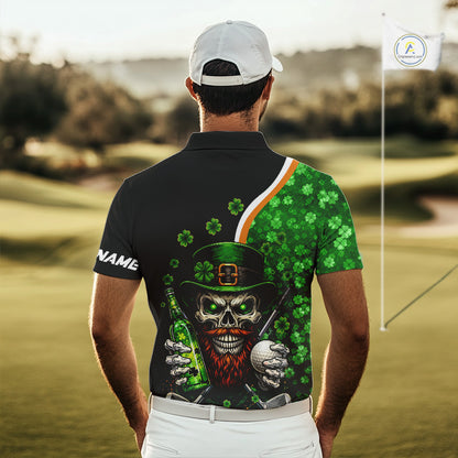 Green shamrock pattern St Patrick Skull Golf and Beer Polo shirts for Men Custom mens golf tops NQS11483