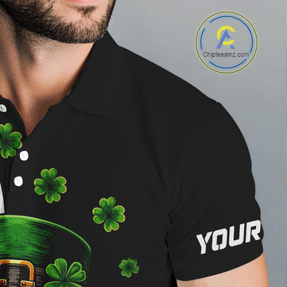 Green shamrock pattern St Patrick Skull Golf and Beer Polo shirts for Men Custom mens golf tops NQS11483