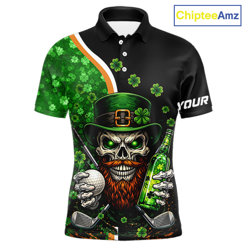 Green shamrock pattern St Patrick Skull Golf and Beer Polo shirts for Men Custom mens golf tops NQS11483