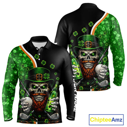 Green shamrock pattern St Patrick Skull Golf and Beer Polo shirts for Men Custom mens golf tops NQS11483