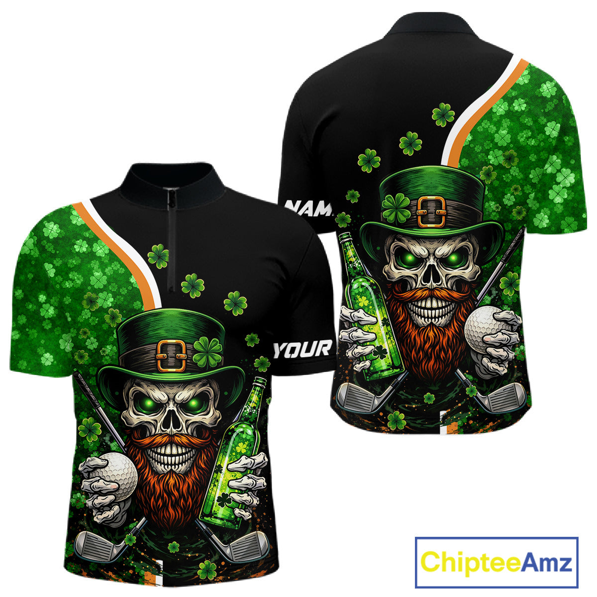 Green shamrock pattern St Patrick Skull Golf and Beer Polo shirts for Men Custom mens golf tops NQS11483