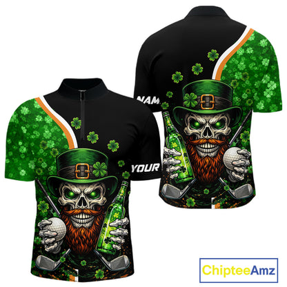 Green shamrock pattern St Patrick Skull Golf and Beer Polo shirts for Men Custom mens golf tops NQS11483