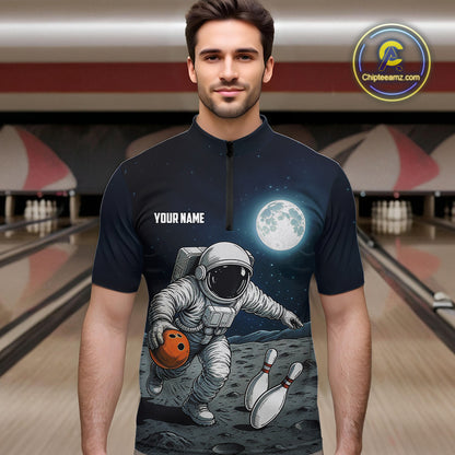 Funny Astronaut Bowling Polo, Quarter Zip Shirts For Men Custom Bowling Team Outfit, Gift For Bowler NQS10694