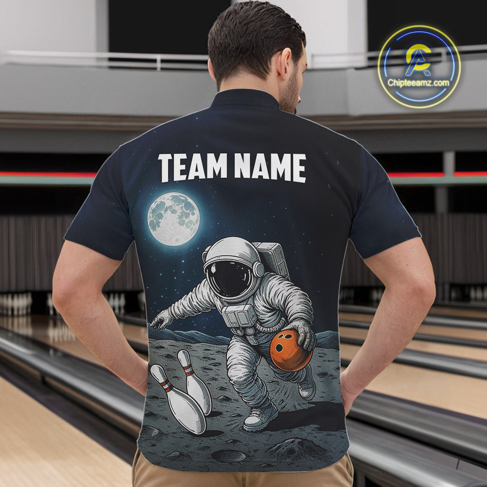 Funny Astronaut Bowling Polo, Quarter Zip Shirts For Men Custom Bowling Team Outfit, Gift For Bowler NQS10694