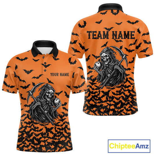 Black and Orange Bats Halloween Skull Reaper Bowling Shirts For Men Custom Bowling Team Jerseys NQS10755