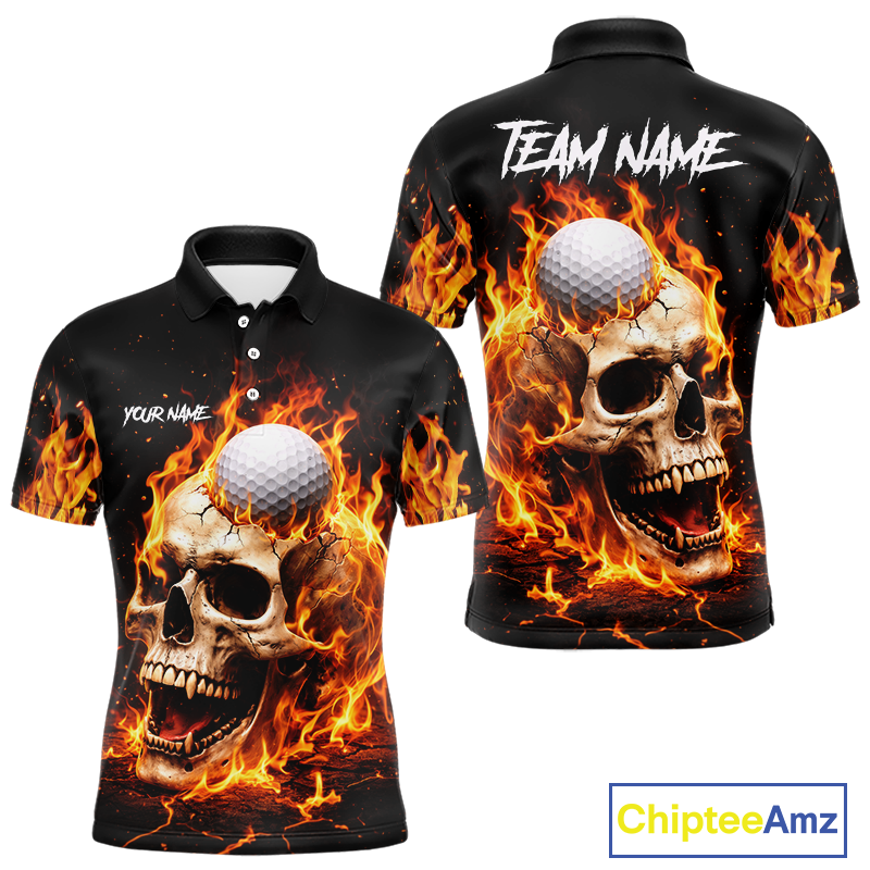 Flame Skull Golf Polo shirts for men custom Skull Fire team golf shirts, golf gifts for men NQS11576