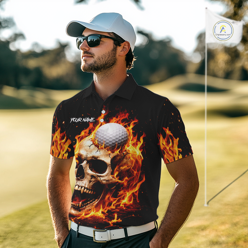 Flame Skull Golf Polo shirts for men custom Skull Fire team golf shirts, golf gifts for men NQS11576