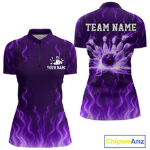 Load image into Gallery viewer, Purple flame lightning thunder Bowling polo, quarter zip shirts for Women custom Bowling team jerseys NQS10980