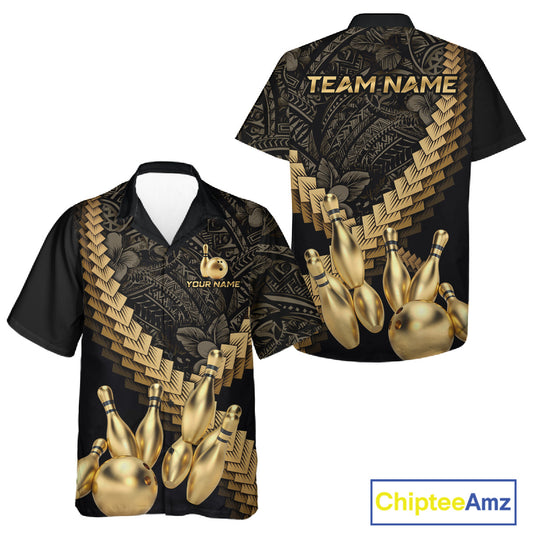 Custom Black and Gold tribal pattern Bowling Button-up Hawaiian Shirt, Team Bowling League jersey NQS11591