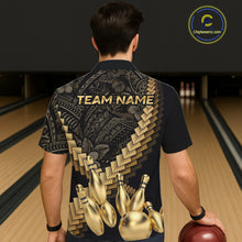 Load image into Gallery viewer, Custom Black and Gold tribal pattern Bowling Button-up Hawaiian Shirt, Team Bowling League jersey NQS11591