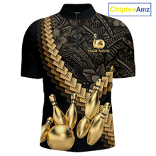 Load image into Gallery viewer, Custom Black and Gold tribal pattern Bowling Polo, 1/4 zip Shirts For Men, Team Bowling League jersey NQS11591