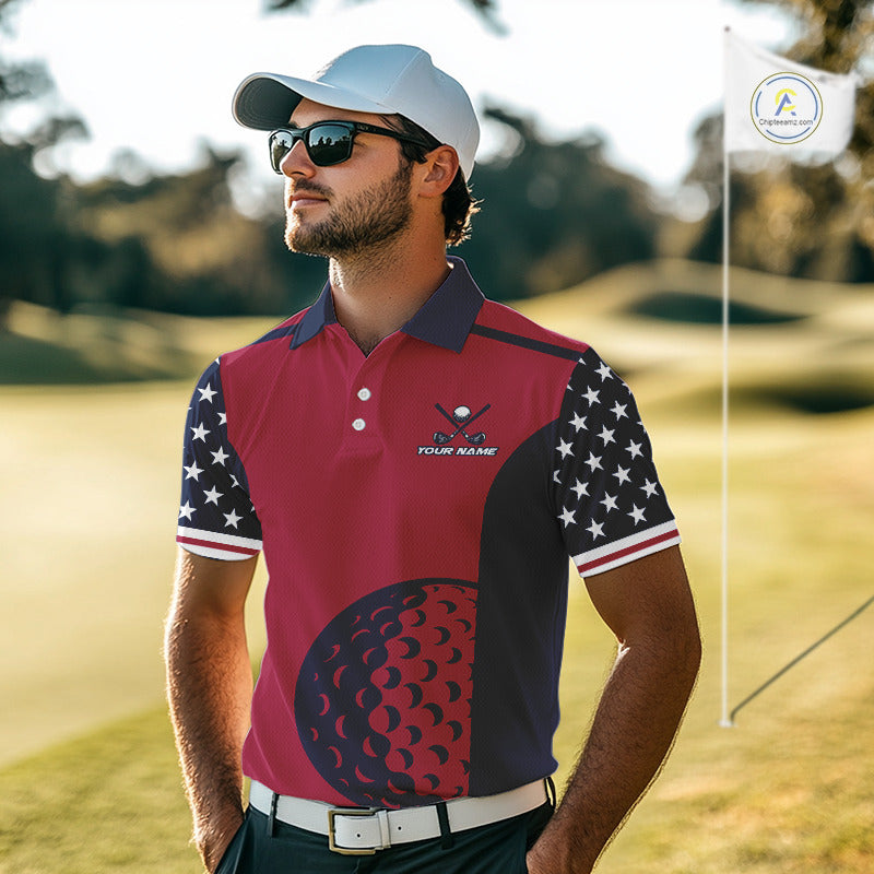 Personalized Red, white and blue US flag mens golf polo shirts custom patriotic golf attire for men NQS11387