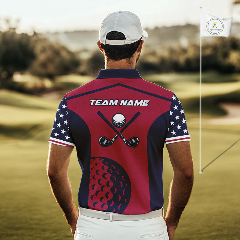 Personalized Red, white and blue US flag mens golf polo shirts custom patriotic golf attire for men NQS11387