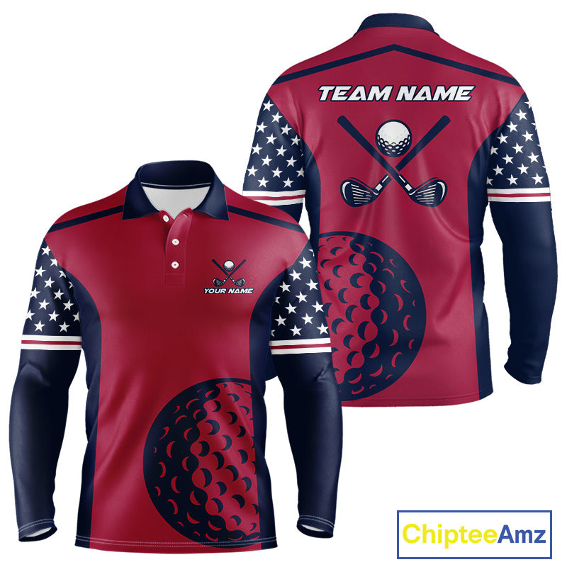 Personalized Red, white and blue US flag mens golf polo shirts custom patriotic golf attire for men NQS11387