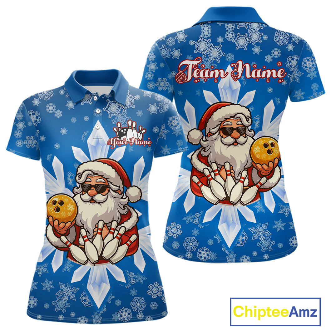 Blue Snowflake Funny Santa Bowling Shirts For Women Custom Christmas Bowling Team Jersey Xmas Gifts NQS11007