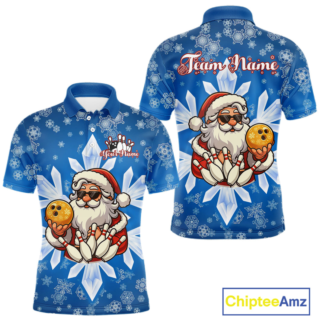Blue Snowflake Funny Santa Bowling Shirts For Men Custom Christmas Bowling Team Jersey Xmas Gifts NQS11007