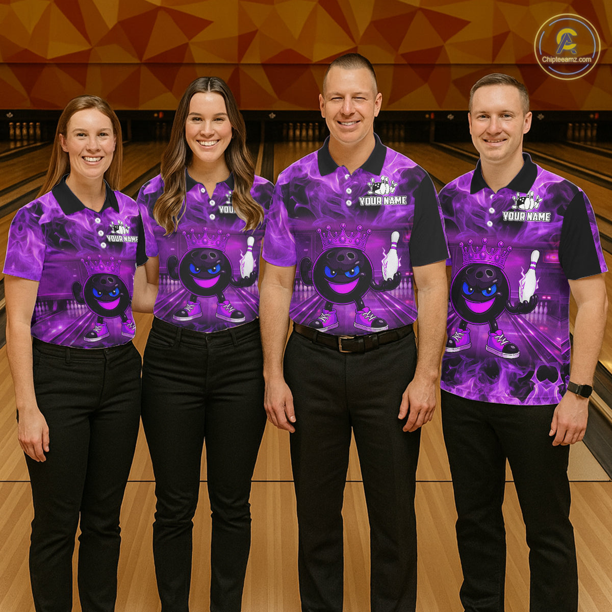 Funny Crown Bowling Purple Flame Bowling Polo, Quarter Zip Shirt For Women Custom Bowling Team Jersey NQS11721