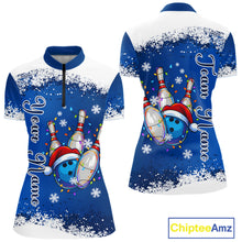 Load image into Gallery viewer, Blue and White snowflake Christmas Bowling Shirts For Women custom Xmas bowling team jersey with name NQS11026