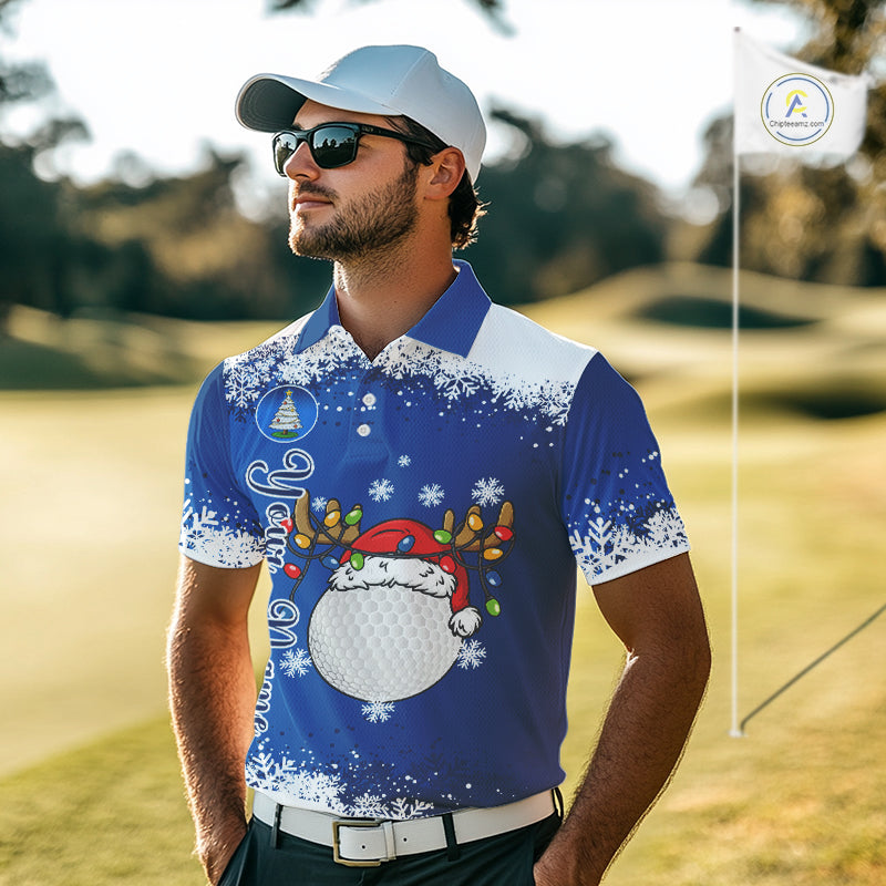 Blue and White Christmas Golf Polo shirts For men Custom mens golf tops, Xmas golf gifts for men NQS11027