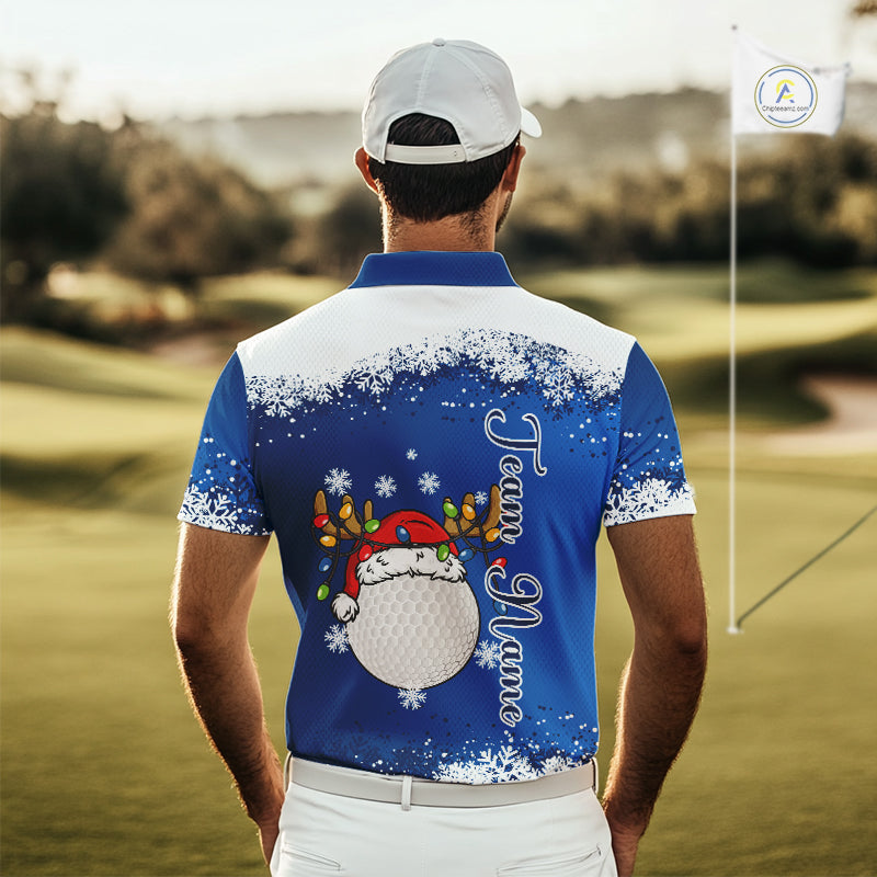 Blue and White Christmas Golf Polo shirts For men Custom mens golf tops, Xmas golf gifts for men NQS11027
