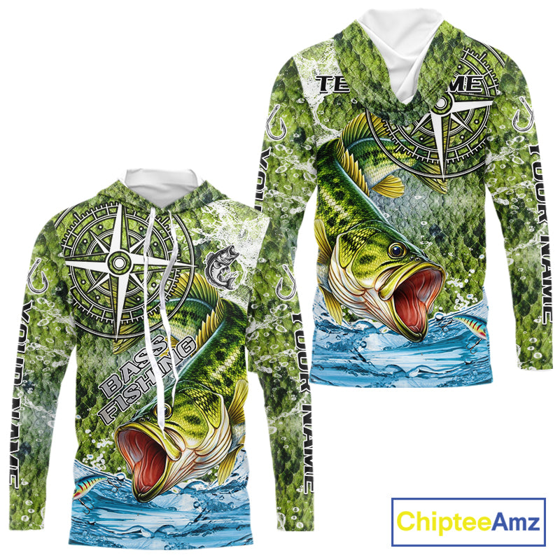Personalized Largemouth Bass Fishing Shirts Green Scales Compass Performance Tournament Bass Jerseys NQS11440