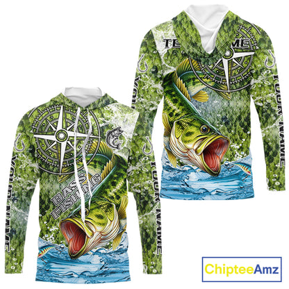 Personalized Largemouth Bass Fishing Shirts Green Scales Compass Performance Tournament Bass Jerseys NQS11440