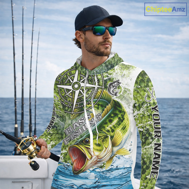 Personalized Largemouth Bass Fishing Shirts Green Scales Compass Performance Tournament Bass Jerseys NQS11440