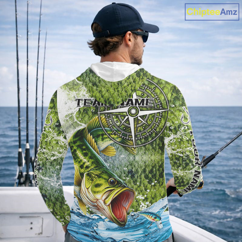 Personalized Largemouth Bass Fishing Shirts Green Scales Compass Performance Tournament Bass Jerseys NQS11440