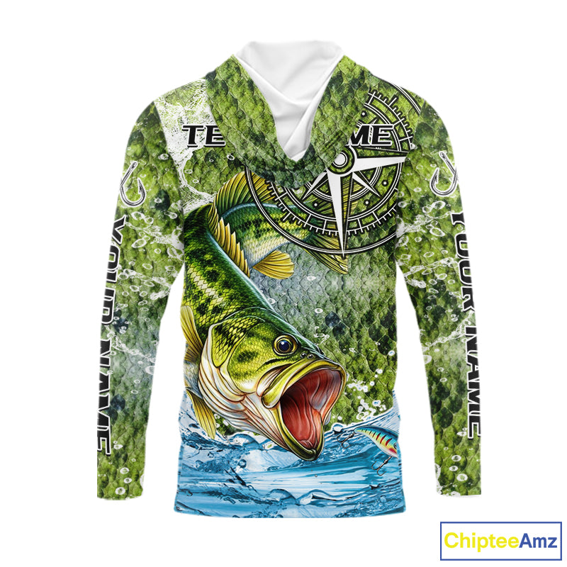 Personalized Largemouth Bass Fishing Shirts Green Scales Compass Performance Tournament Bass Jerseys NQS11440