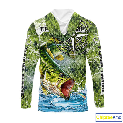 Personalized Largemouth Bass Fishing Shirts Green Scales Compass Performance Tournament Bass Jerseys NQS11440
