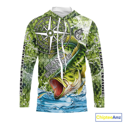Personalized Largemouth Bass Fishing Shirts Green Scales Compass Performance Tournament Bass Jerseys NQS11440