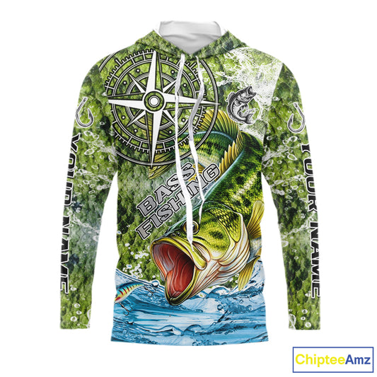 Personalized Largemouth Bass Fishing Shirts Green Scales Compass Performance Tournament Bass Jerseys NQS11440