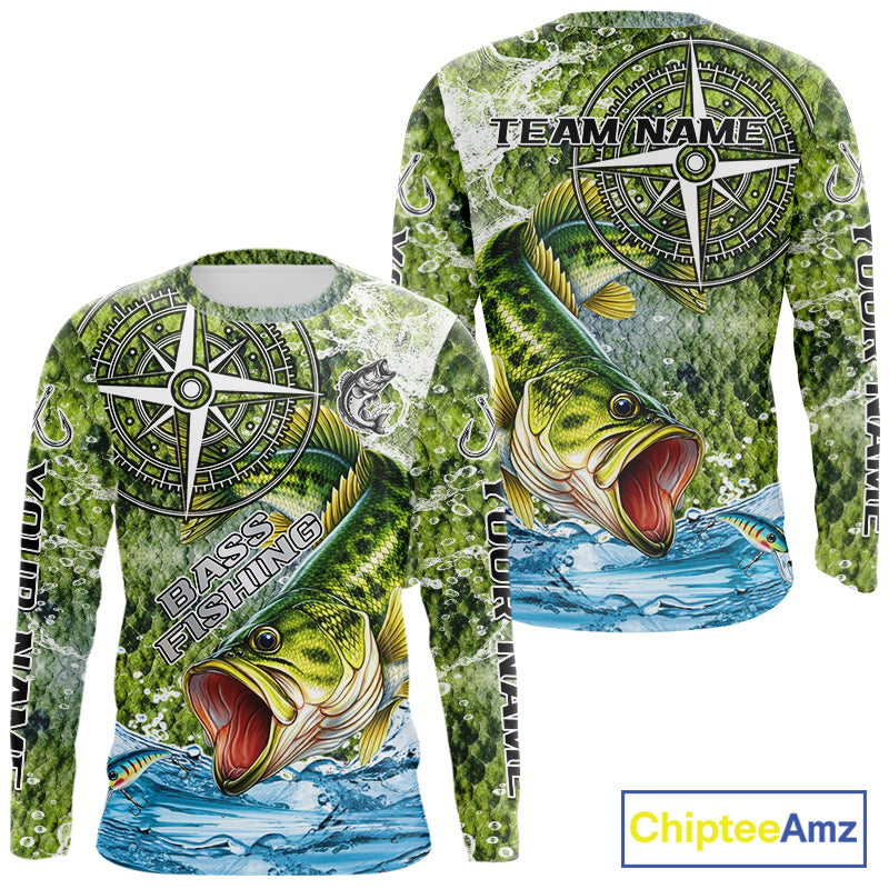 Personalized Largemouth Bass Fishing Shirts Green Scales Compass Performance Tournament Bass Jerseys NQS11440