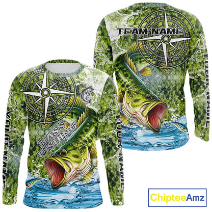 Personalized Largemouth Bass Fishing Shirts Green Scales Compass Performance Tournament Bass Jerseys NQS11440