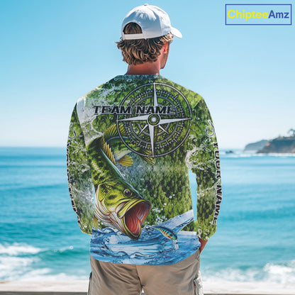 Personalized Largemouth Bass Fishing Shirts Green Scales Compass Performance Tournament Bass Jerseys NQS11440