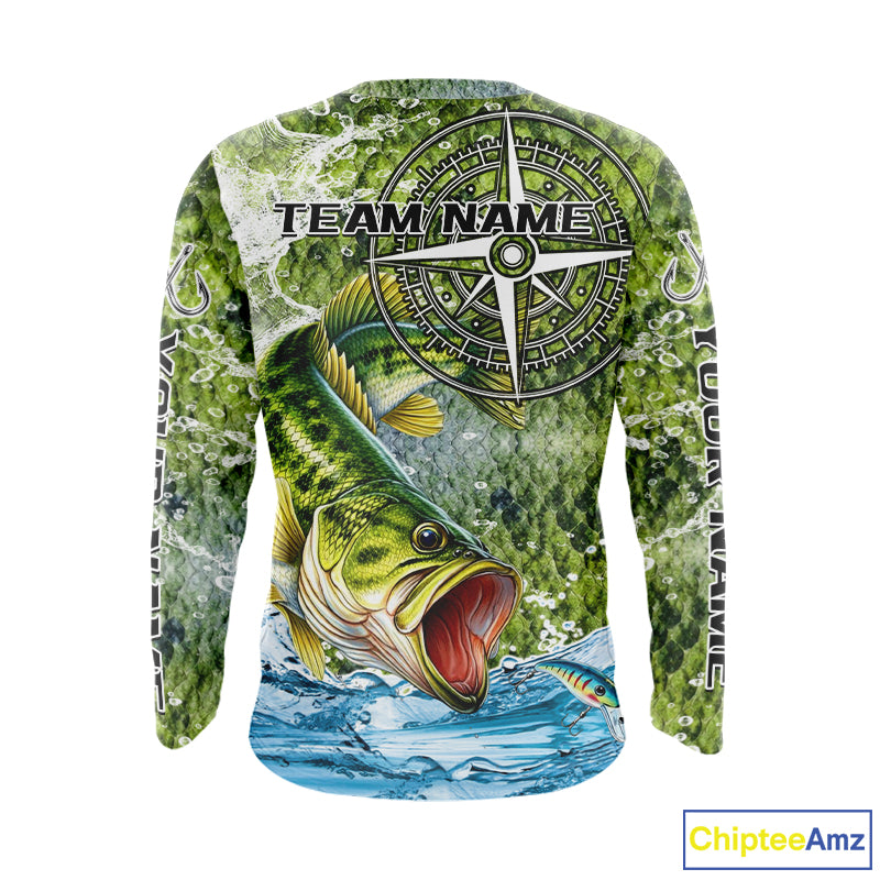 Personalized Largemouth Bass Fishing Shirts Green Scales Compass Performance Tournament Bass Jerseys NQS11440