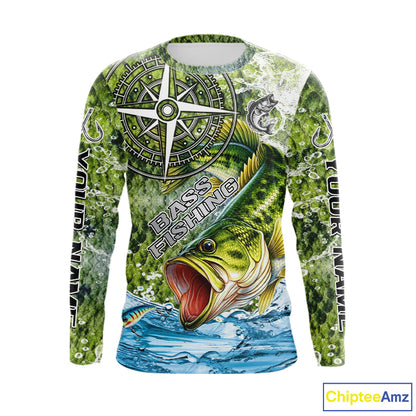 Personalized Largemouth Bass Fishing Shirts Green Scales Compass Performance Tournament Bass Jerseys NQS11440